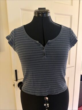 Brandy Melville Gray Striped Henley Crop Top